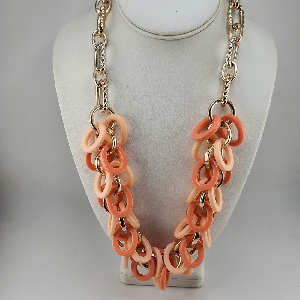 Gold Chunky Link Necklace With Orange Peach Resin Ring Dangles‎ Statement